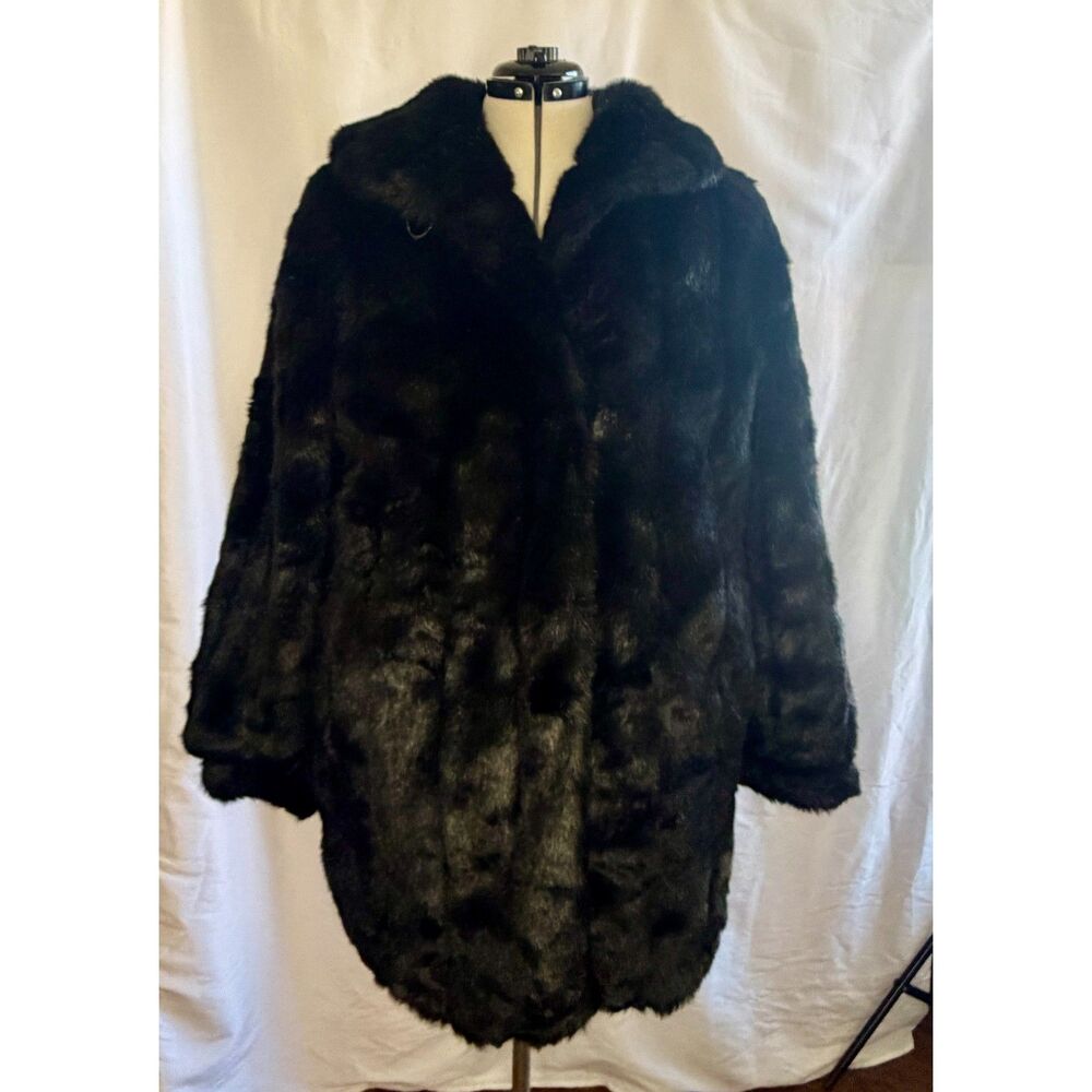 Dennis Basso Black Faux Fur Coat Size Large